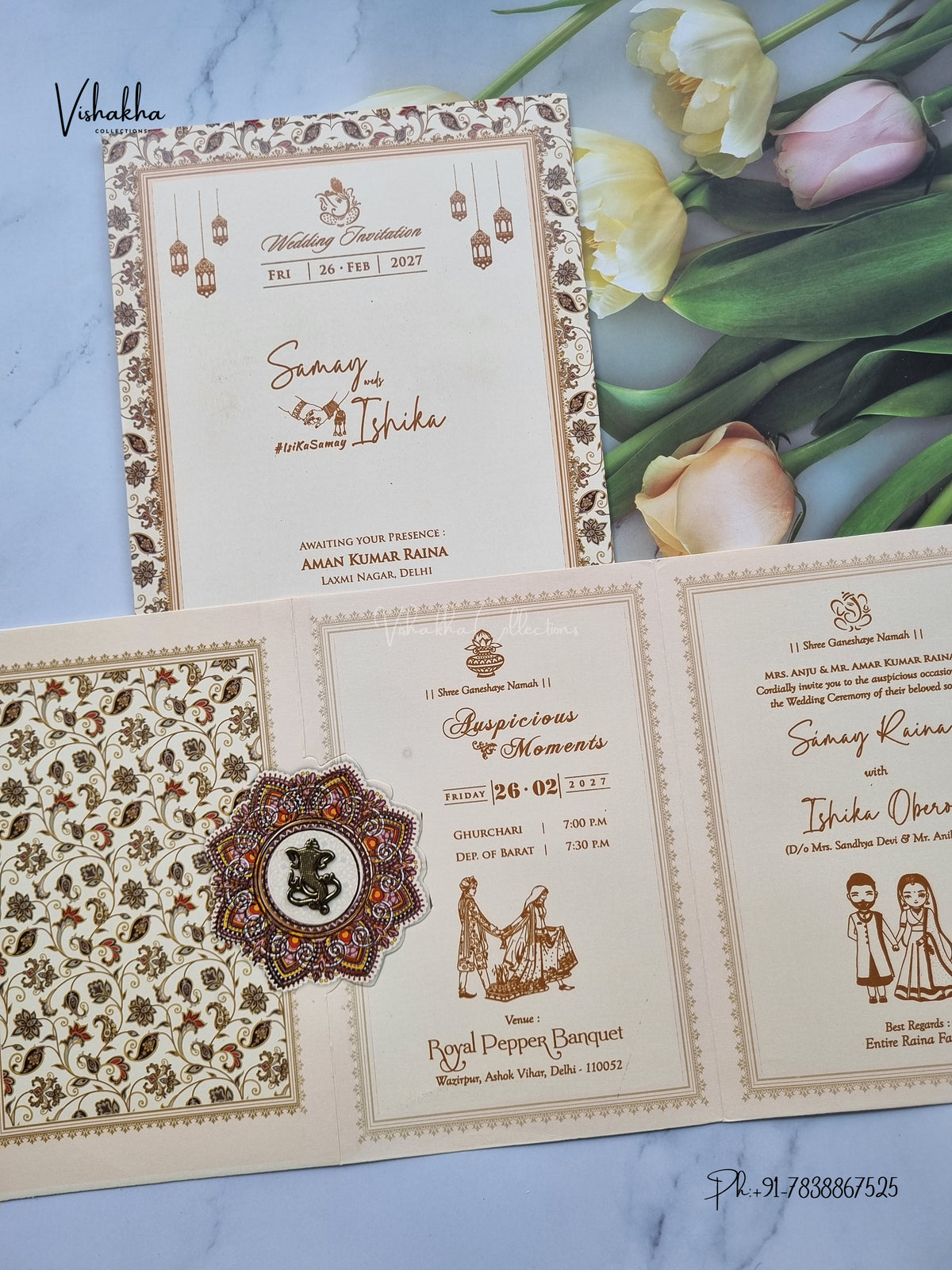 Three Fold Direct Card Rangoli Ganesh Ji Hindu Jain invitation Cards ATS-9113 – image 3