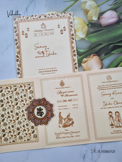 Three Fold Direct Card Rangoli Ganesh Ji Hindu Jain invitation Cards ATS-9113 – image 3