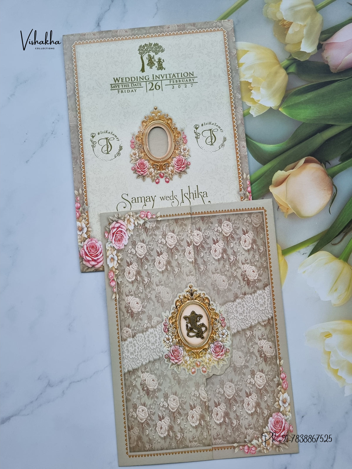 Double Door Flower Ganesh Ji Hindu Jain invitation Cards ATS-9307 – image 1