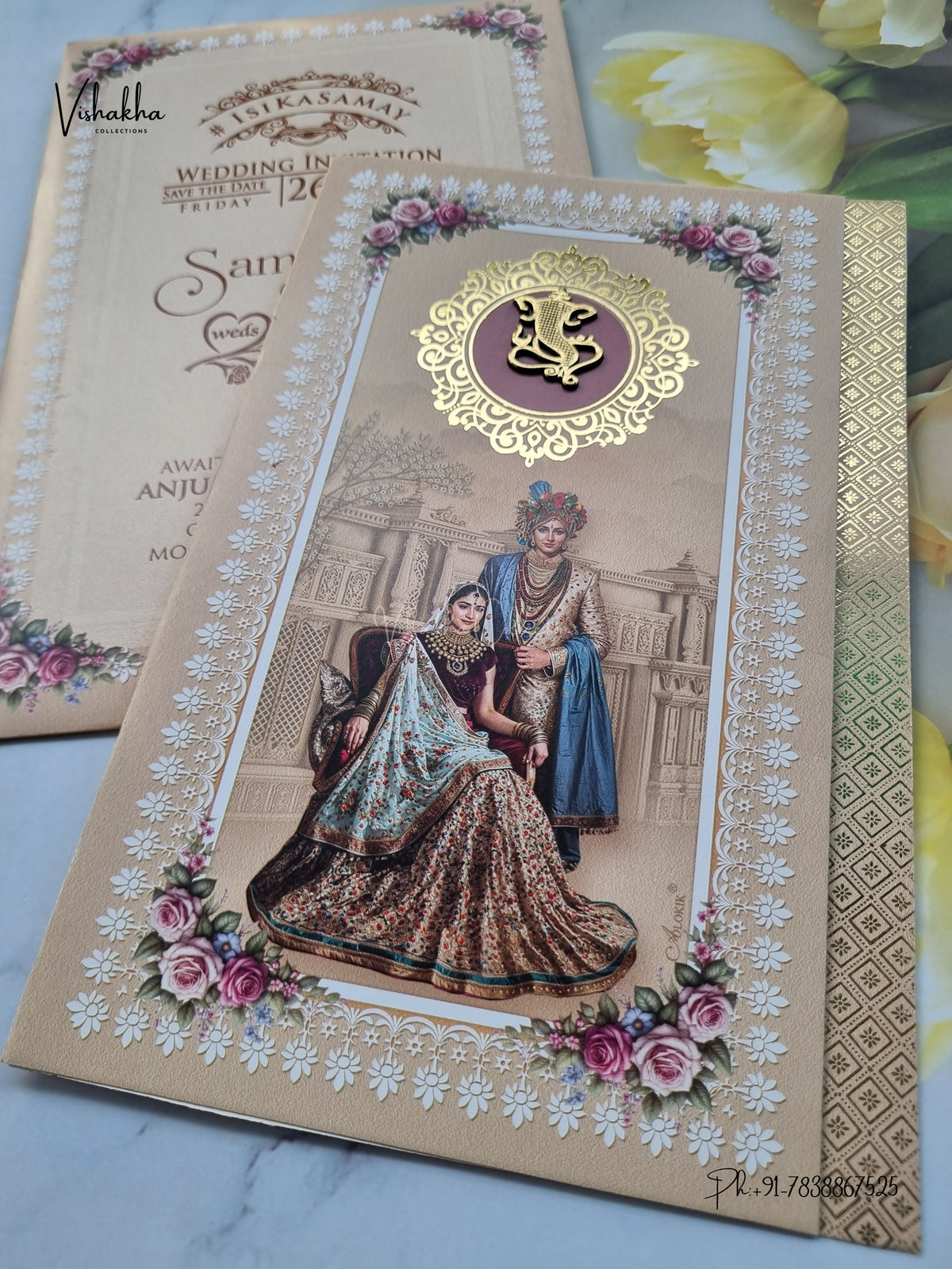Three Fold Dulah Dulhan Ganesh Ji Hindu Jain invitation Cards ATS-9318 – image 2