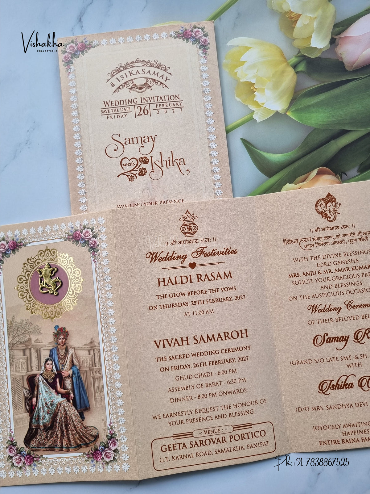 Three Fold Dulah Dulhan Ganesh Ji Hindu Jain invitation Cards ATS-9318 – image 3