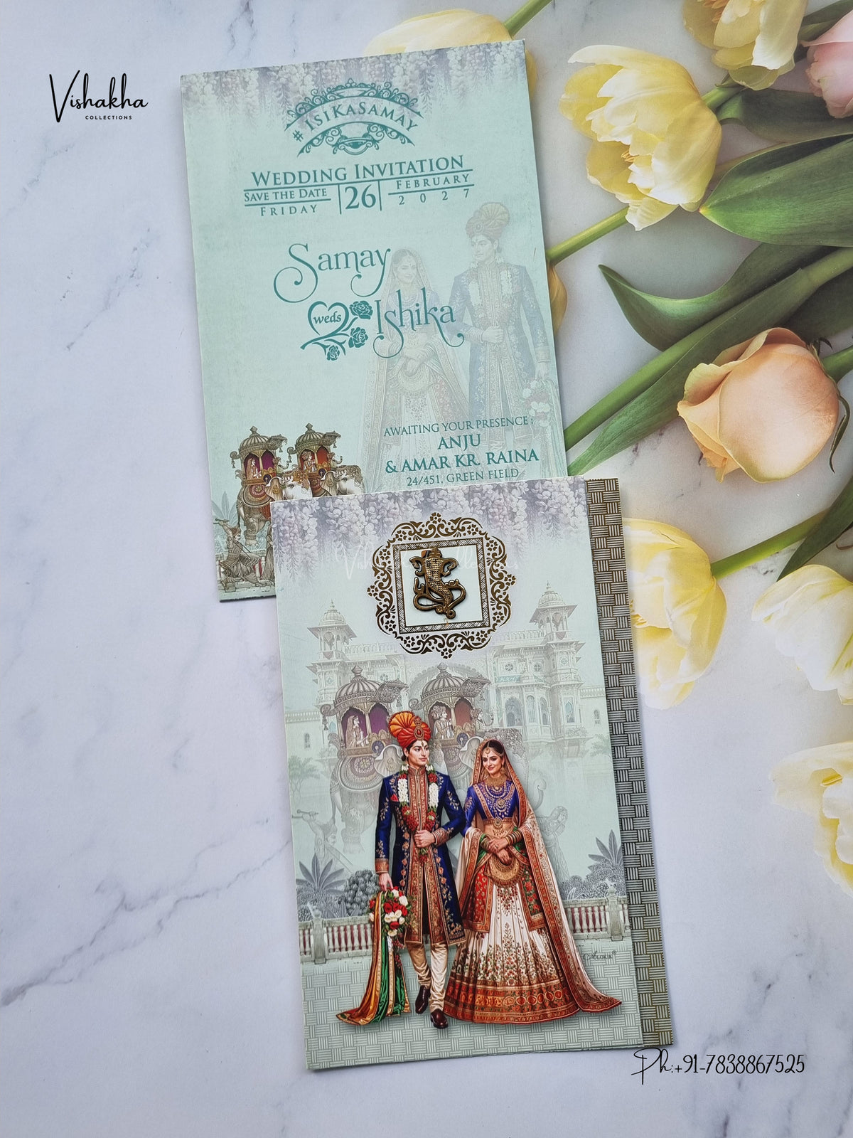 Three Fold Dulah Dulhan Ganesh Ji Hindu Jain invitation Cards ATS-9319 – image 1