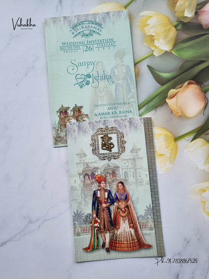 Three Fold Dulah Dulhan Ganesh Ji Hindu Jain invitation Cards ATS-9319 – image 1