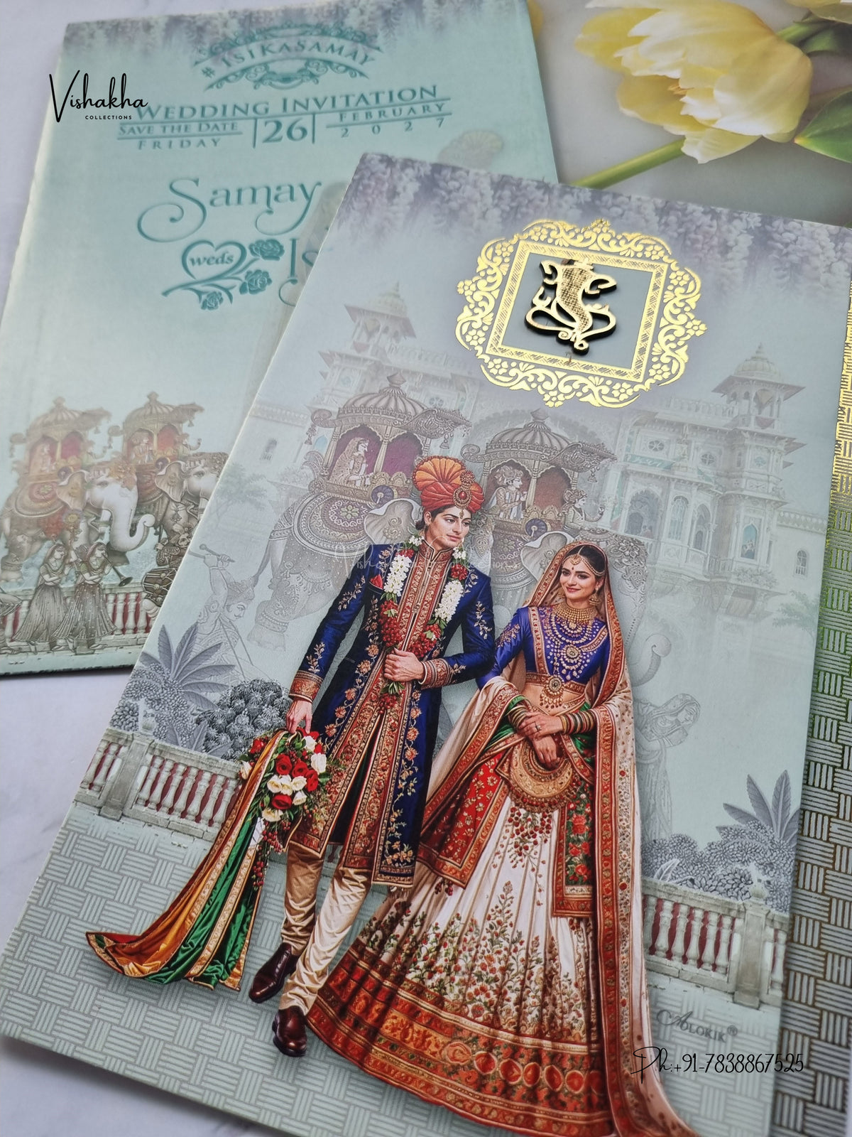 Three Fold Dulah Dulhan Ganesh Ji Hindu Jain invitation Cards ATS-9319 – image 2