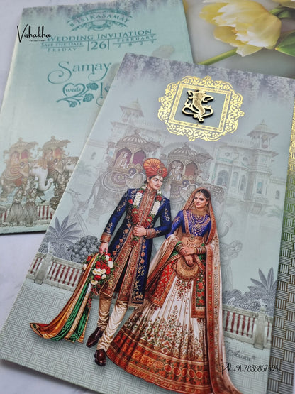 Three Fold Dulah Dulhan Ganesh Ji Hindu Jain invitation Cards ATS-9319 – image 2