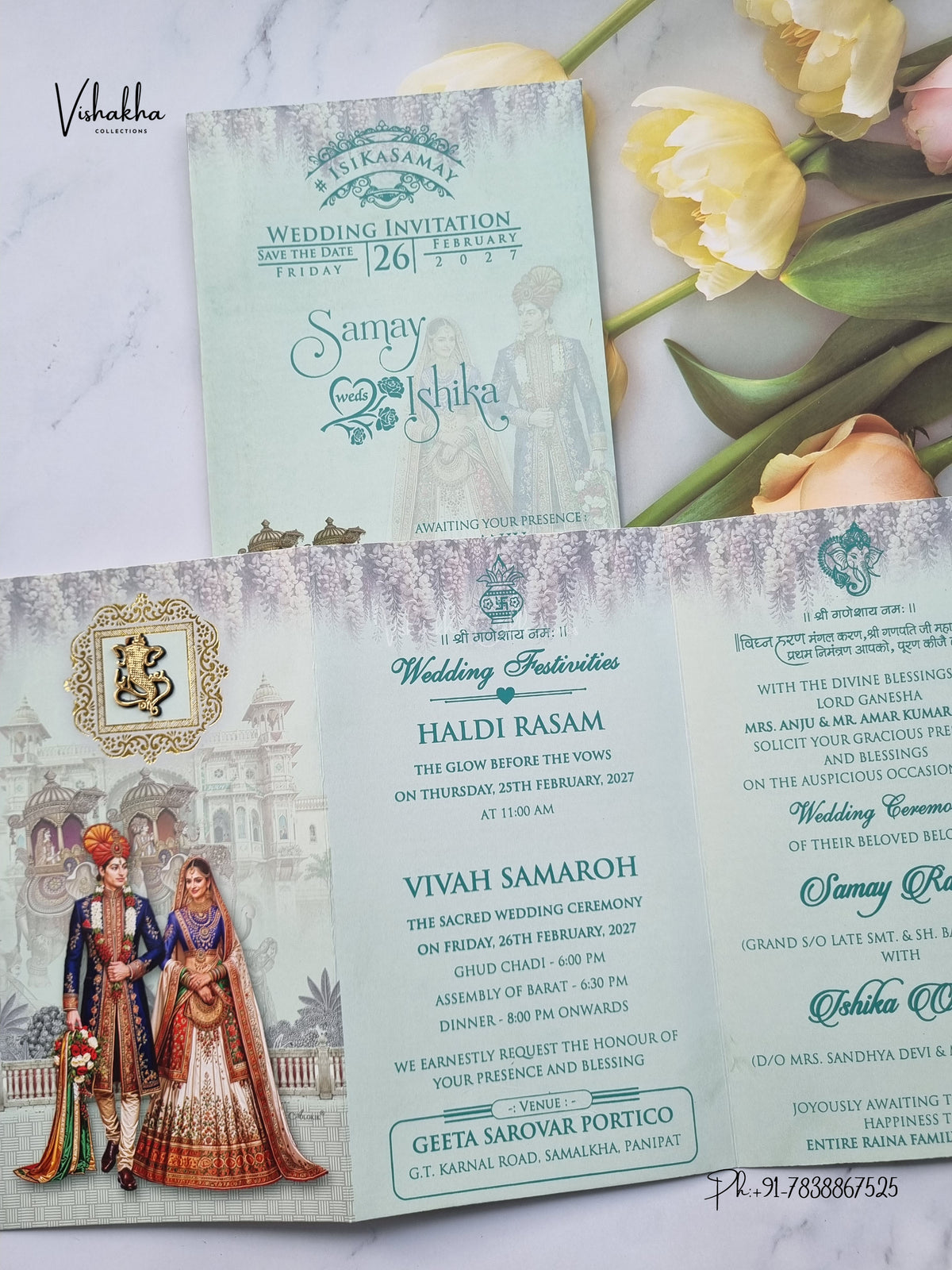 Three Fold Dulah Dulhan Ganesh Ji Hindu Jain invitation Cards ATS-9319 – image 3