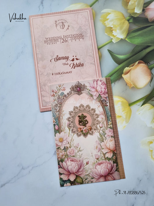 Three Fold Flower Ganesh Ji Hindu Jain invitation Cards ATS-9320 – image 1