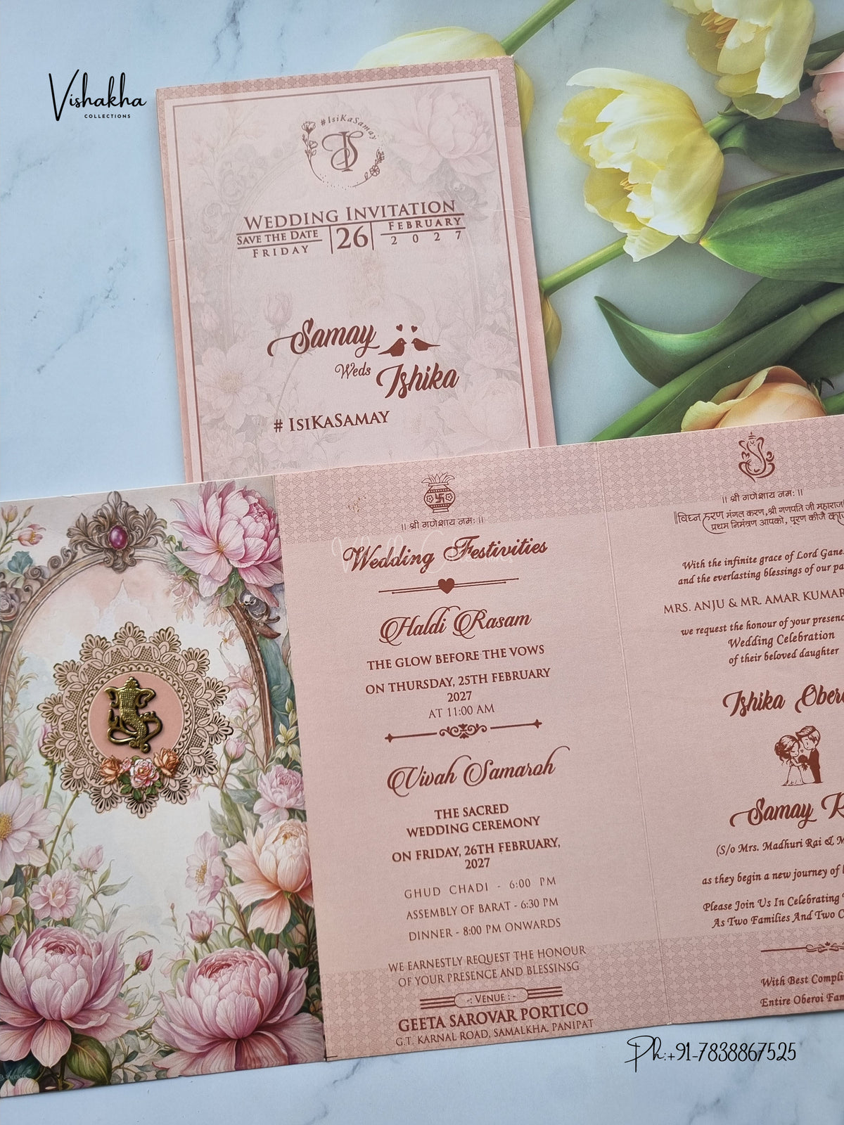 Three Fold Flower Ganesh Ji Hindu Jain invitation Cards ATS-9320 – image 3