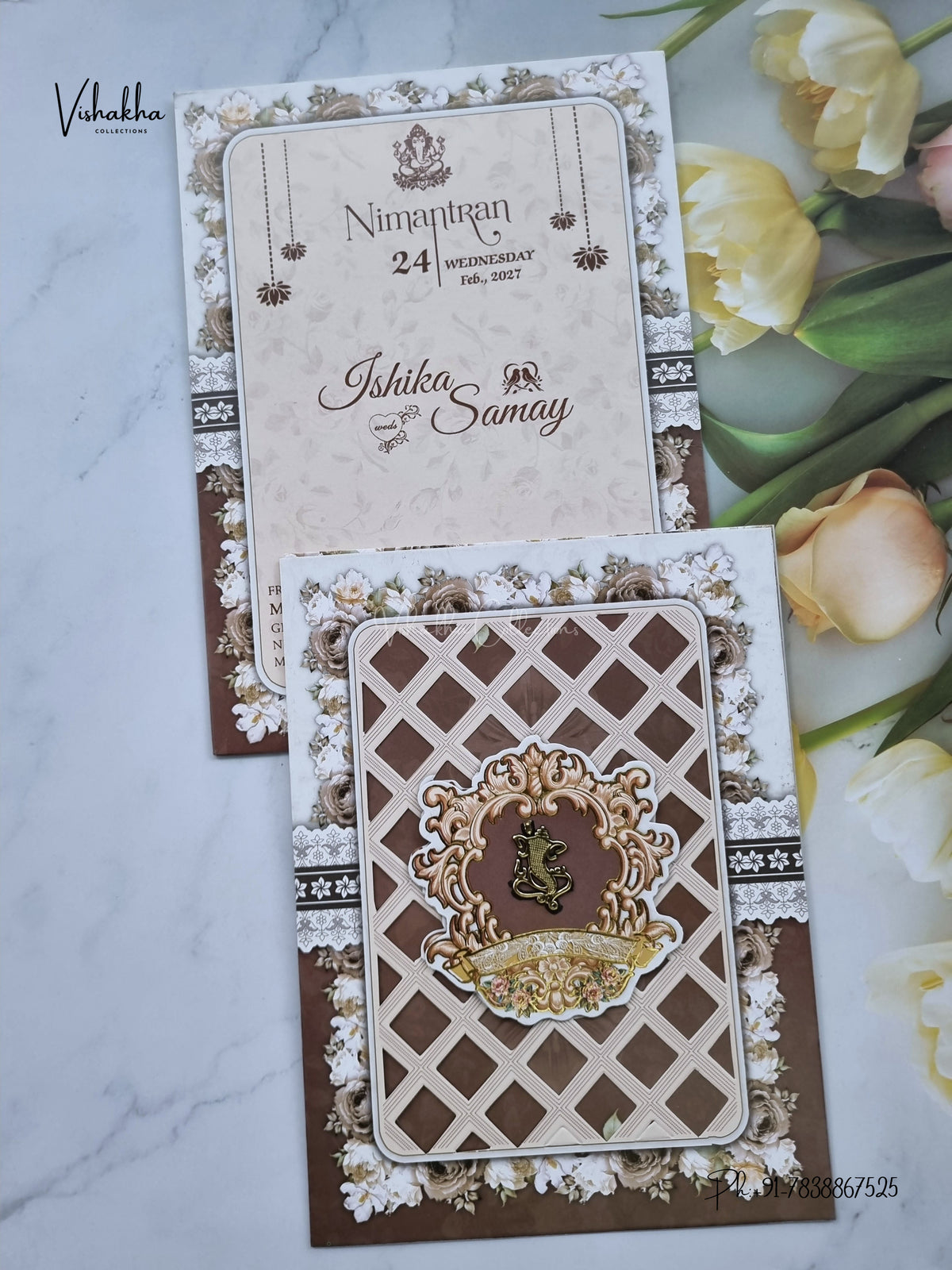 Three Fold Direct Card Flower Ganesh Ji Hindu Jain invitation Cards ATS-9325 – image 1