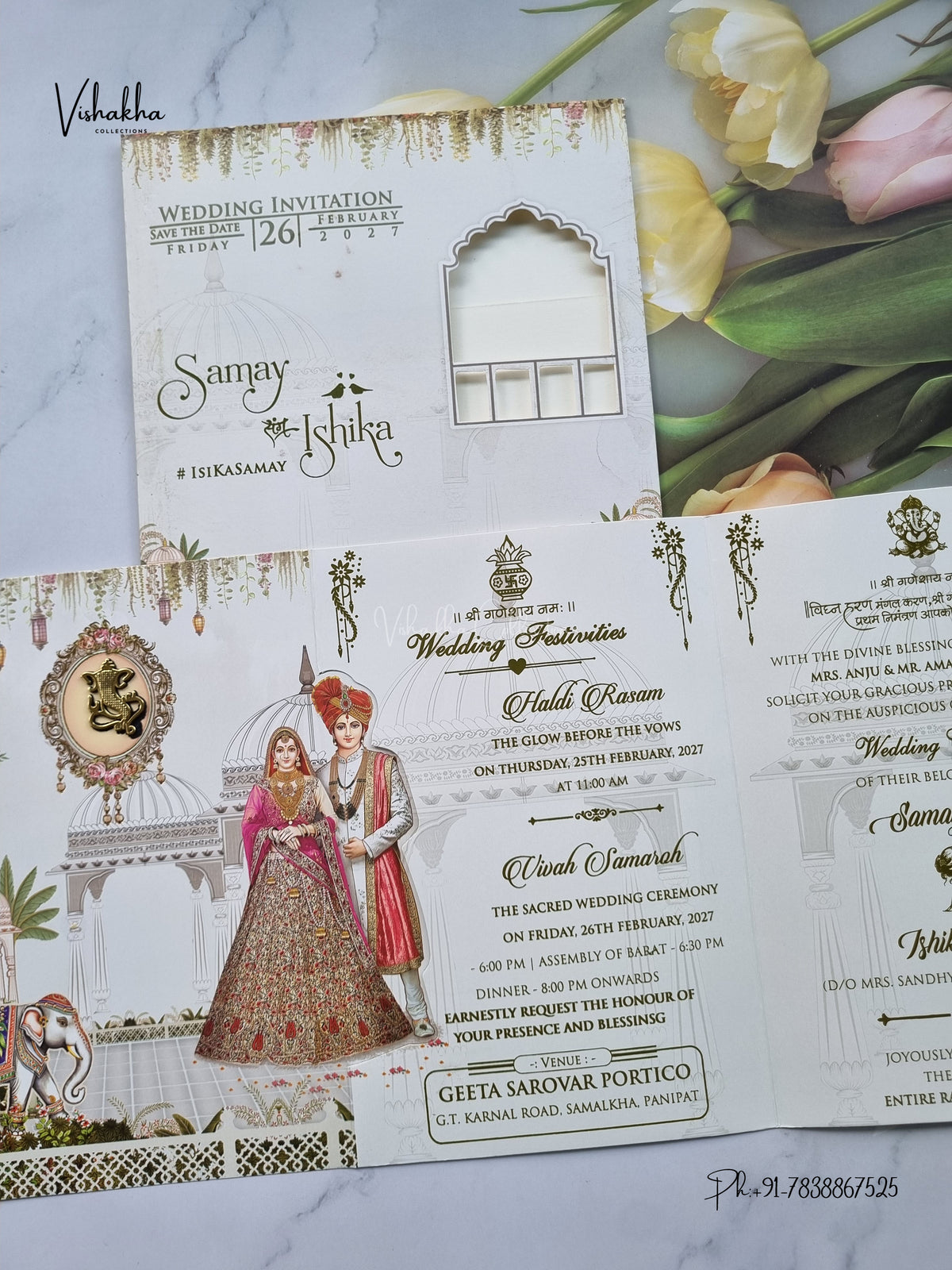 Three Fold Direct Card Dulah Dulhan Ganesh Ji Hindu Jain invitation Cards ATS-9342 – image 3