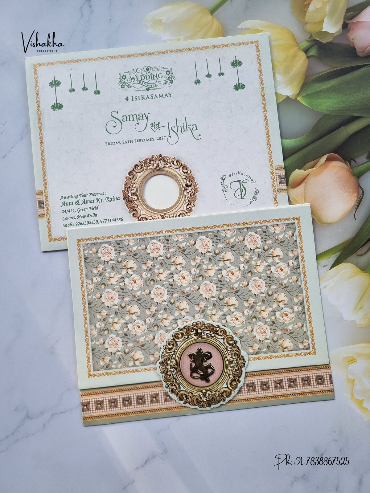 Three Fold Flower Ganesh Ji Hindu Jain invitation Cards ATS-9345 – image 1
