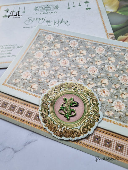 Three Fold Flower Ganesh Ji Hindu Jain invitation Cards ATS-9345 – image 2