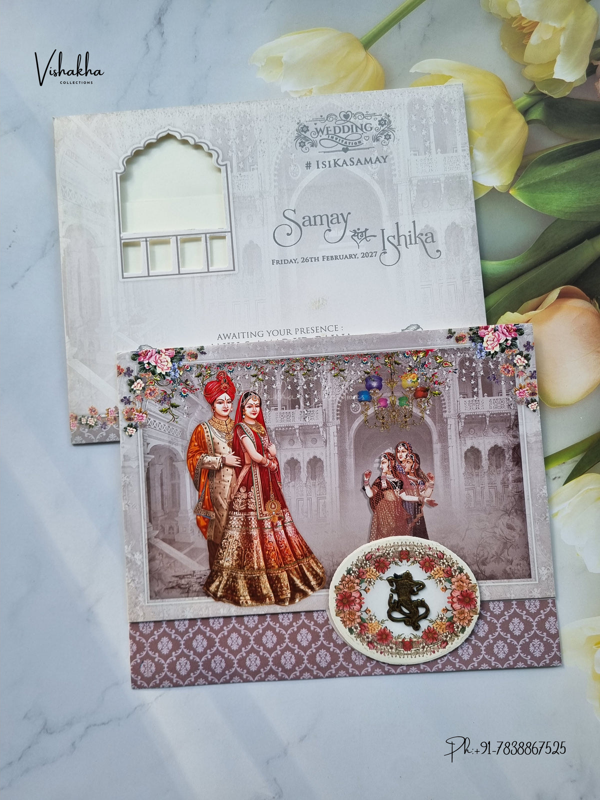 Three Fold Dulah Dulhan Ganesh Ji Hindu Jain invitation Cards ATS-9346 – image 1
