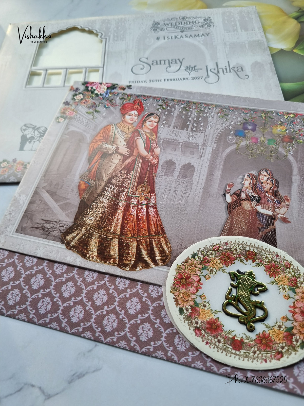 Three Fold Dulah Dulhan Ganesh Ji Hindu Jain invitation Cards ATS-9346 – image 2