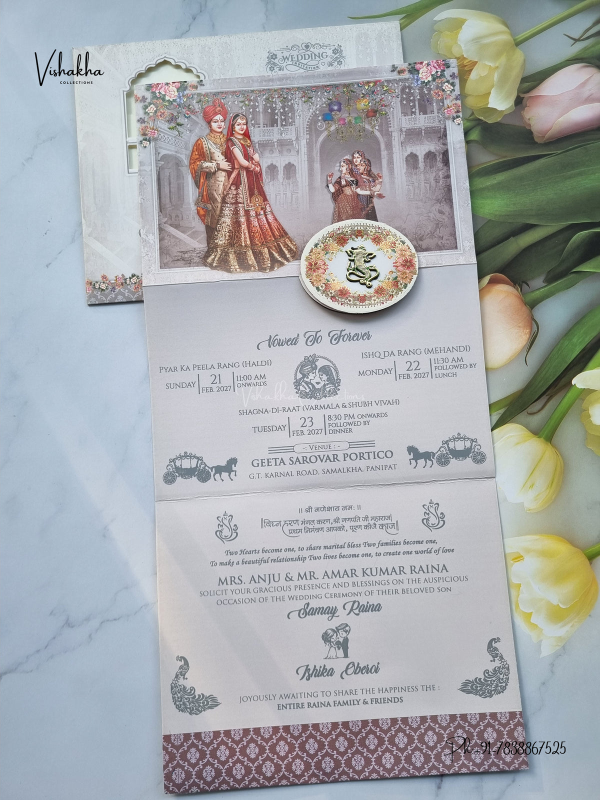 Three Fold Dulah Dulhan Ganesh Ji Hindu Jain invitation Cards ATS-9346 – image 3