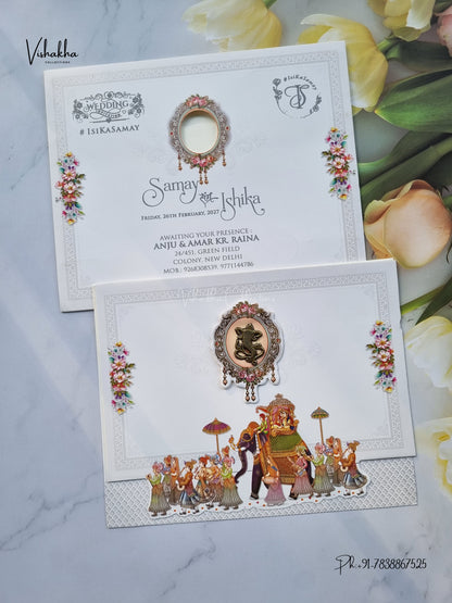 Three Fold Dulah Dulhan Barat Ganesh Ji Hindu Jain invitation Cards ATS-9347 – image 1