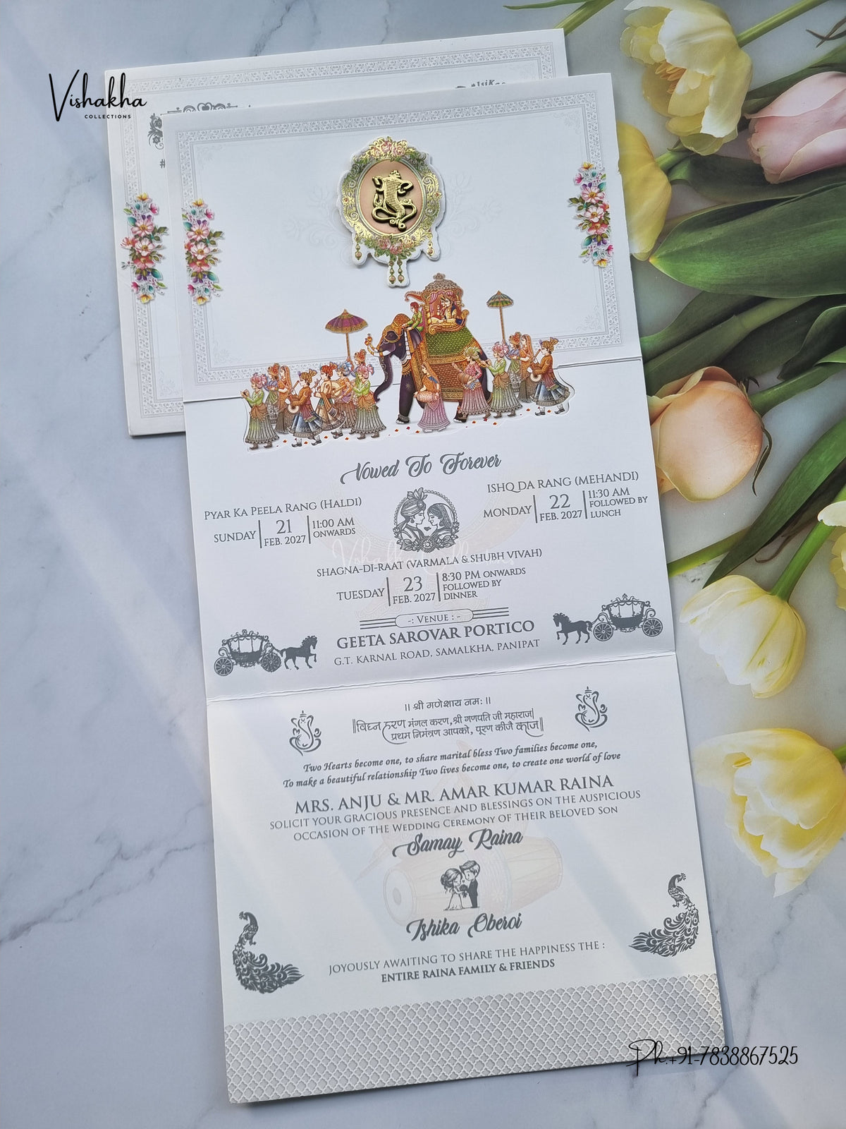 Three Fold Dulah Dulhan Barat Ganesh Ji Hindu Jain invitation Cards ATS-9347 – image 3