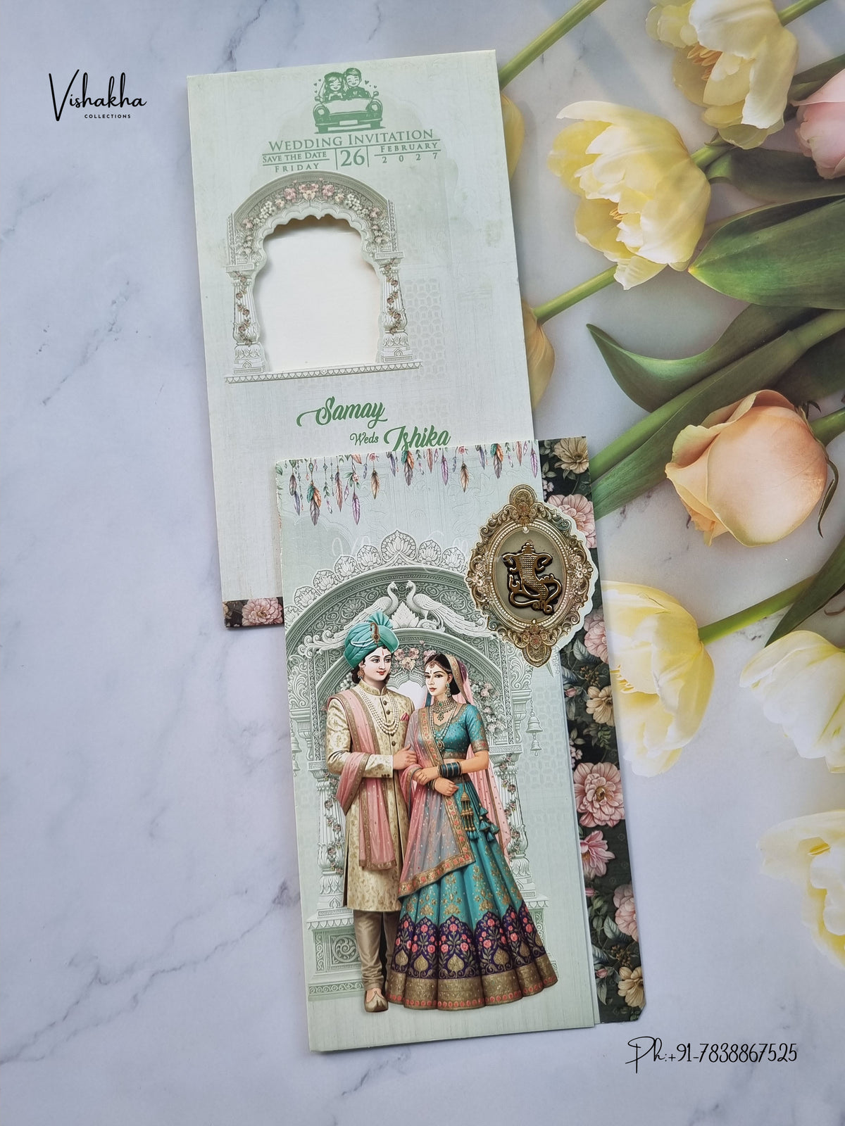Three Fold Dulah Dulhan Ganesh Ji Hindu Jain invitation Cards ATS-9348 – image 1