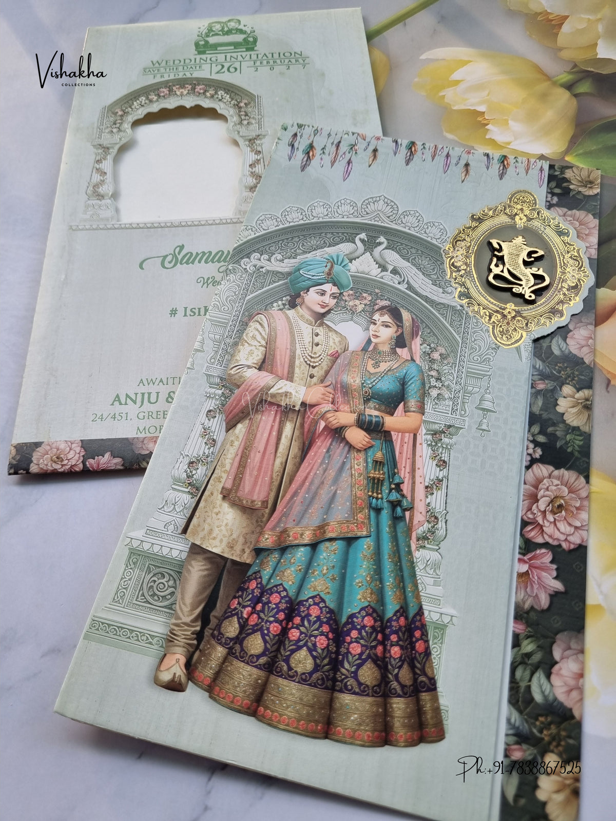 Three Fold Dulah Dulhan Ganesh Ji Hindu Jain invitation Cards ATS-9348 – image 2