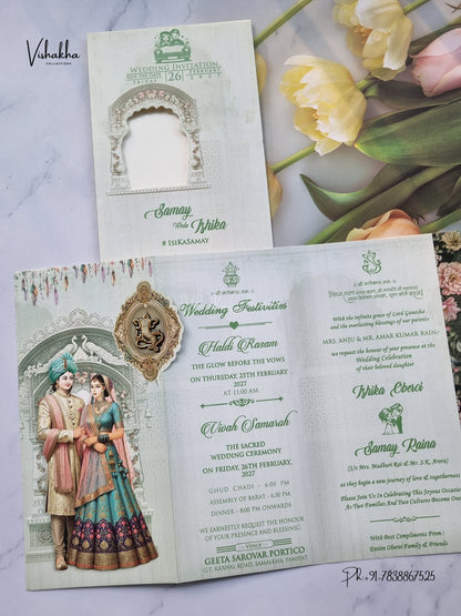 Three Fold Dulah Dulhan Ganesh Ji Hindu Jain invitation Cards ATS-9348 – image 3