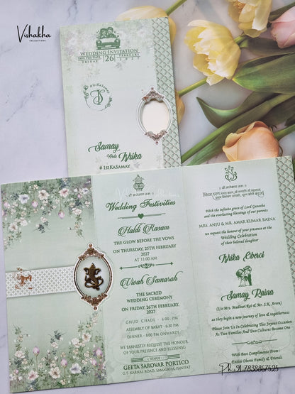 Three Fold Flower Ganesh Ji Hindu Jain invitation Cards ATS-9349 – image 3