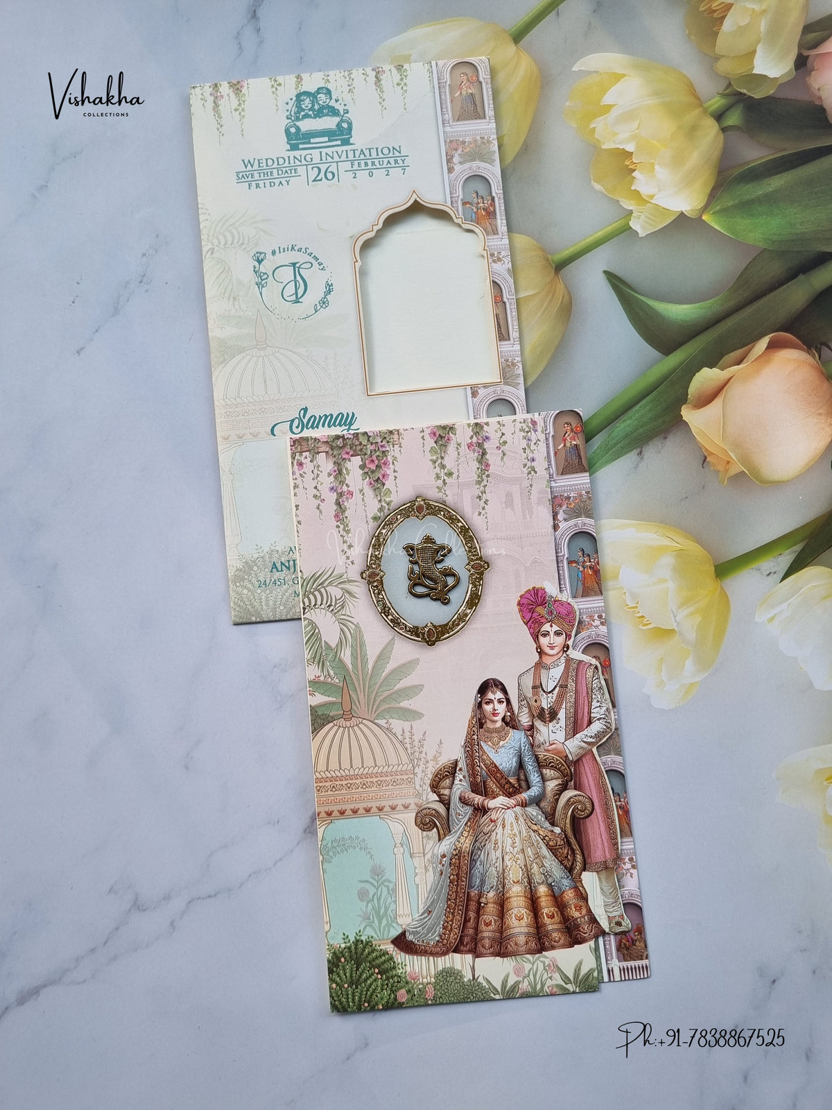 Three Fold Dulah Dulhan Ganesh Ji Hindu Jain invitation Cards ATS-9350 – image 1
