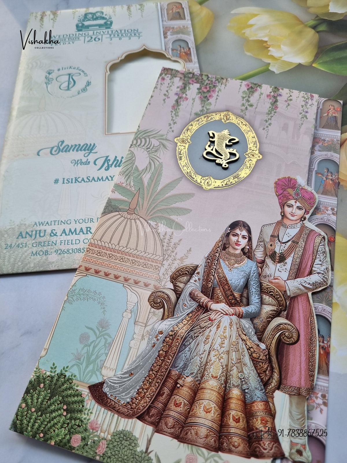 Three Fold Dulah Dulhan Ganesh Ji Hindu Jain invitation Cards ATS-9350 – image 2