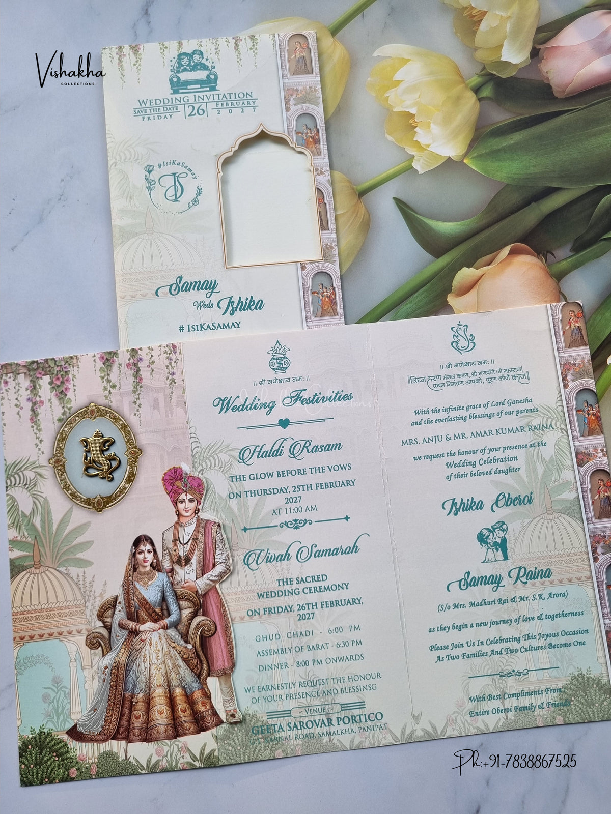 Three Fold Dulah Dulhan Ganesh Ji Hindu Jain invitation Cards ATS-9350 – image 3