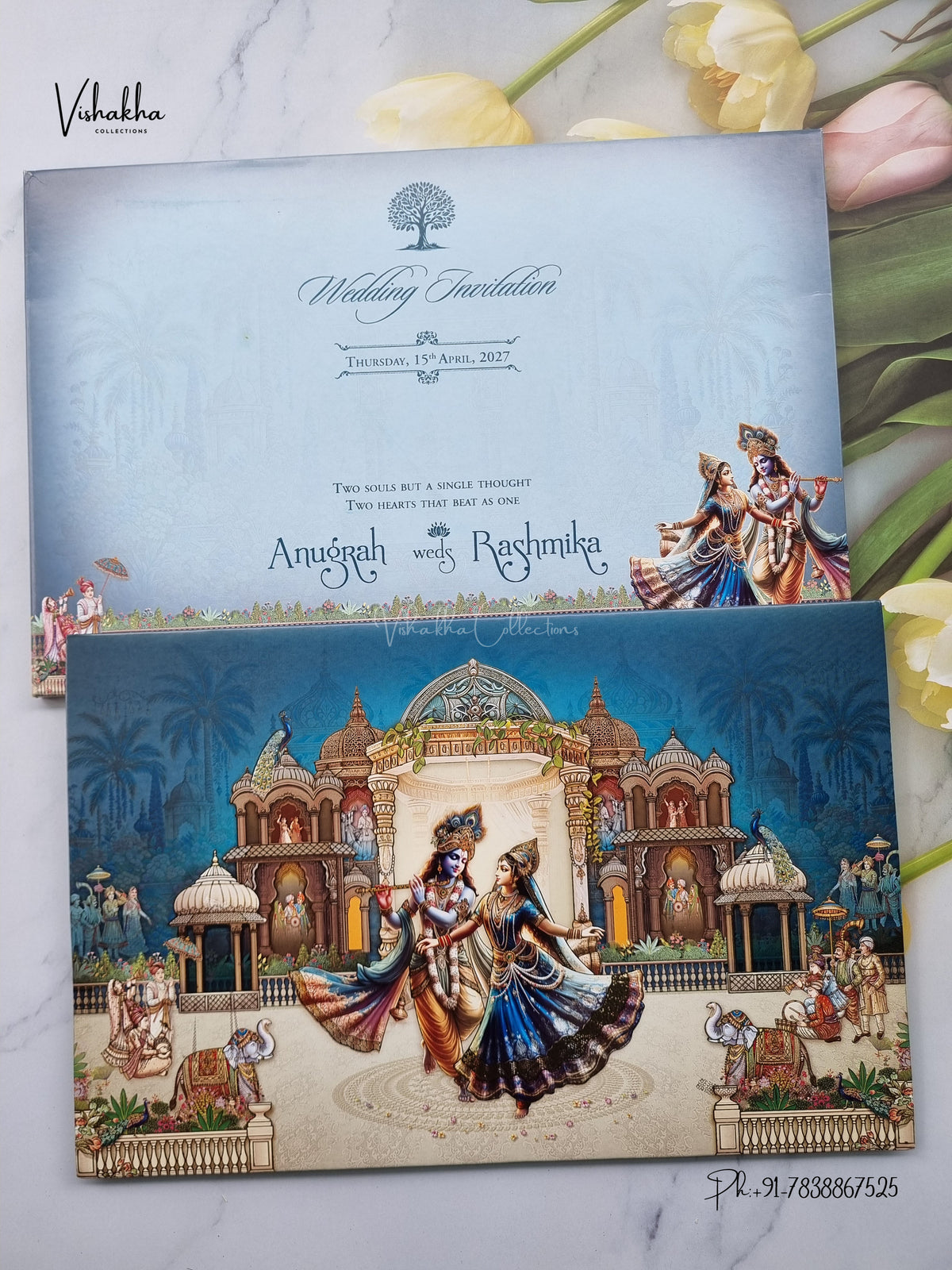 Radha Krishna Raj Mahal Peacock Hindu Jain invitation Cards CR-1902 – image 1