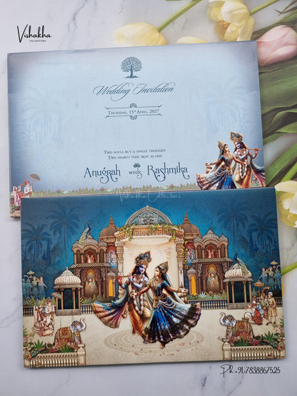 Radha Krishna Raj Mahal Peacock Hindu Jain invitation Cards CR-1902 – image 1