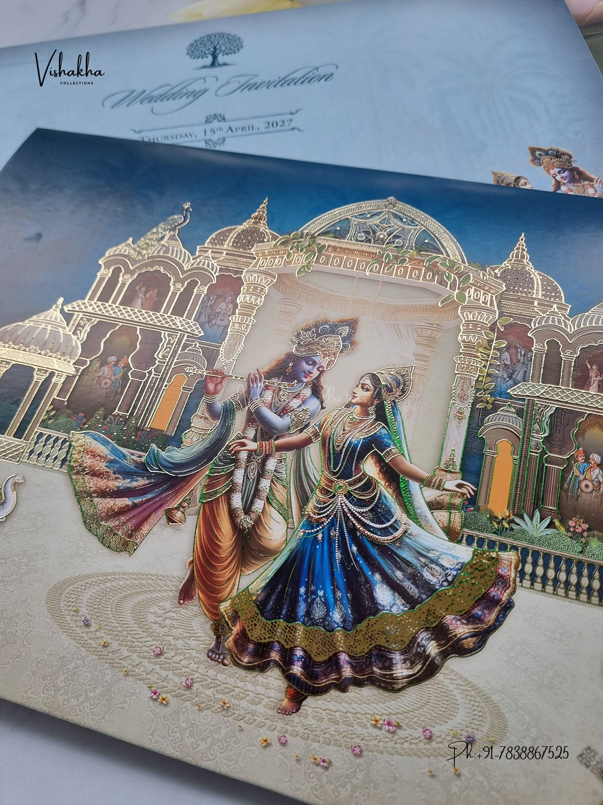 Radha Krishna Raj Mahal Peacock Hindu Jain invitation Cards CR-1902 – image 2