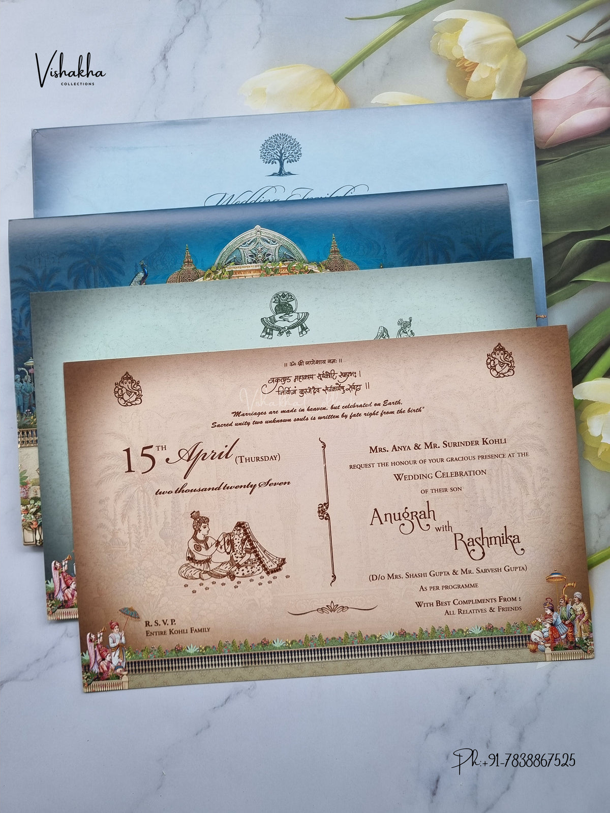 Radha Krishna Raj Mahal Peacock Hindu Jain invitation Cards CR-1902 – image 3