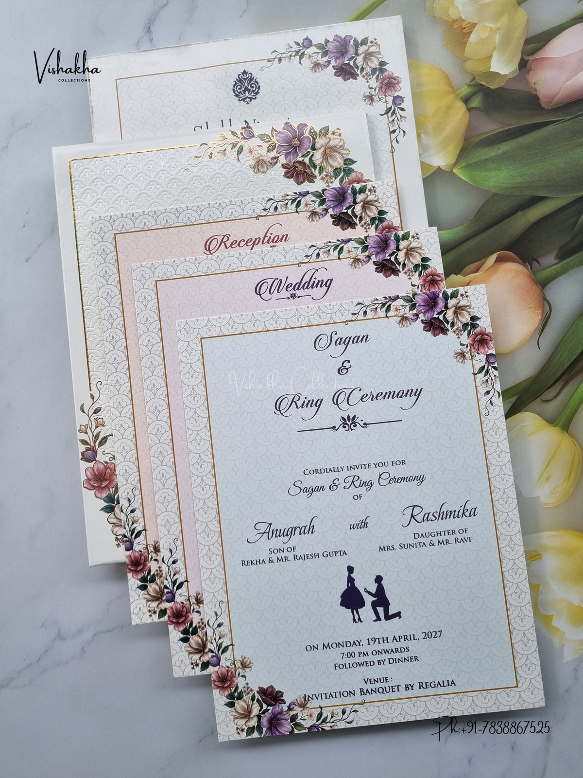 Acrylic Padded Flower Hindu Muslim Christian Sikh Jain invitation Cards CR-1906-PADDING – image 3