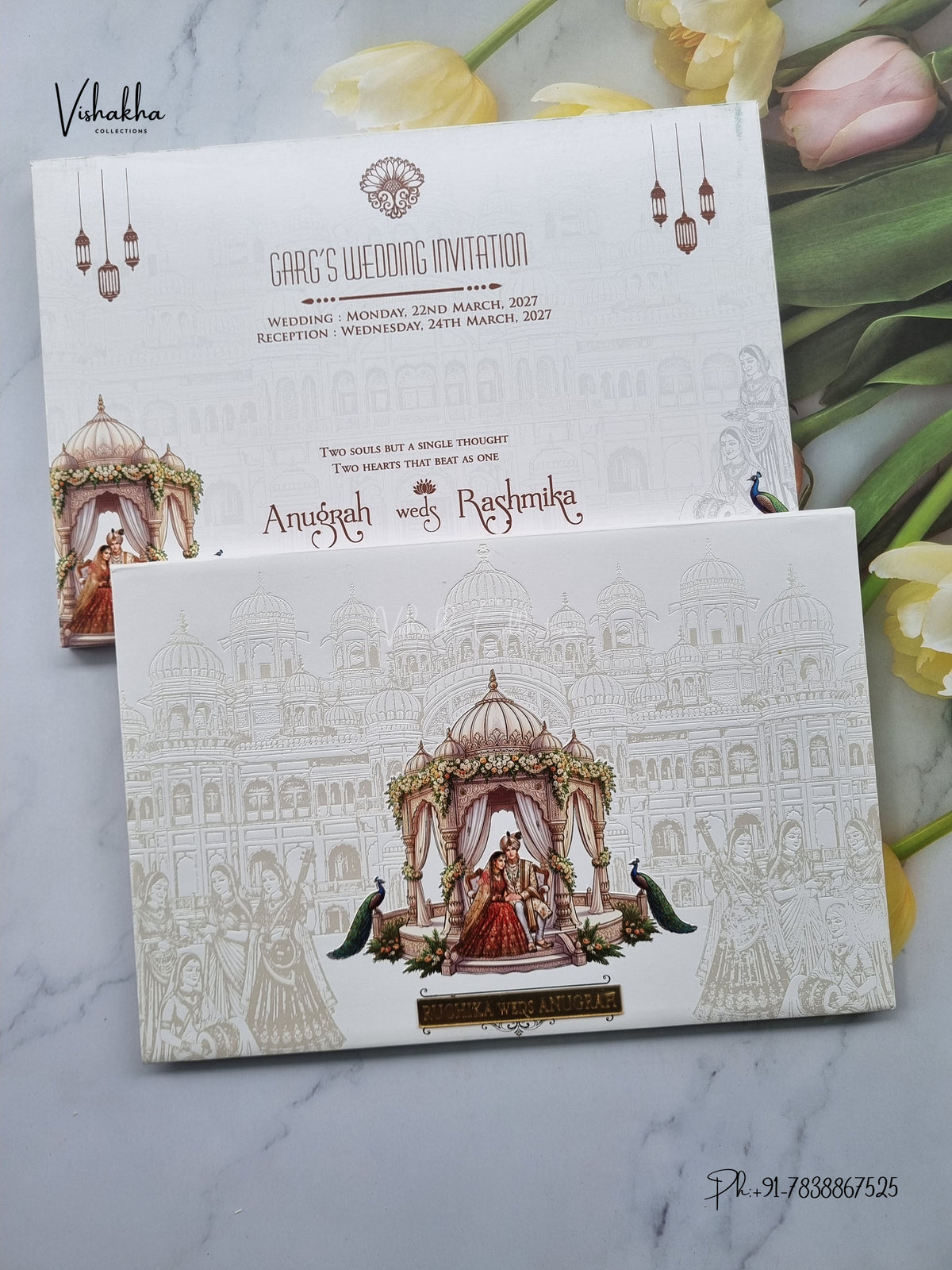 Semi Box Acrylic Direct Card Dulah Dulhan Raj Mahal Peacock Hindu Sikh Jain invitation Cards CR-1916 – image 1
