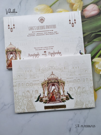 Semi Box Acrylic Direct Card Dulah Dulhan Raj Mahal Peacock Hindu Sikh Jain invitation Cards CR-1916 – image 1