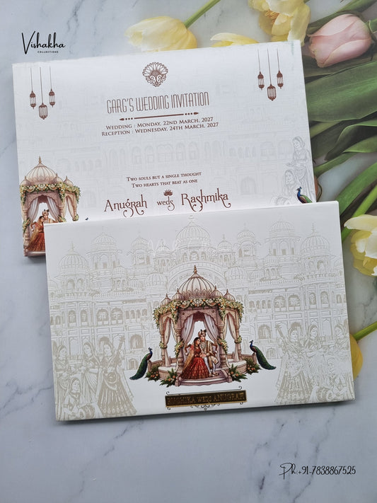 Semi Box Acrylic Direct Card Dulah Dulhan Raj Mahal Peacock Hindu Sikh Jain invitation Cards CR-1916 – image 1