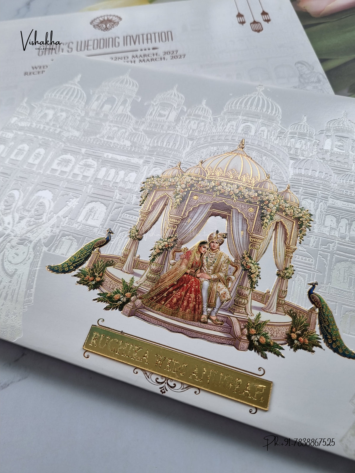 Semi Box Acrylic Direct Card Dulah Dulhan Raj Mahal Peacock Hindu Sikh Jain invitation Cards CR-1916 – image 2