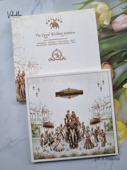 Semi Box Acrylic Direct Card Barat Dulah Dulhan Hathi Hindu Sikh Jain invitation Cards CR-1933 – image 1