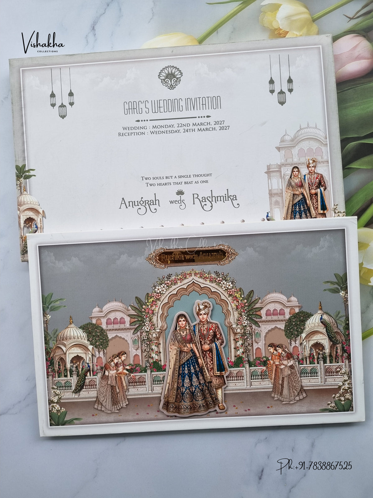 Semi Box Acrylic Dulah Dulhan Raj Mahal Flower Hindu Sikh Jain invitation Cards CR-1938 – image 1