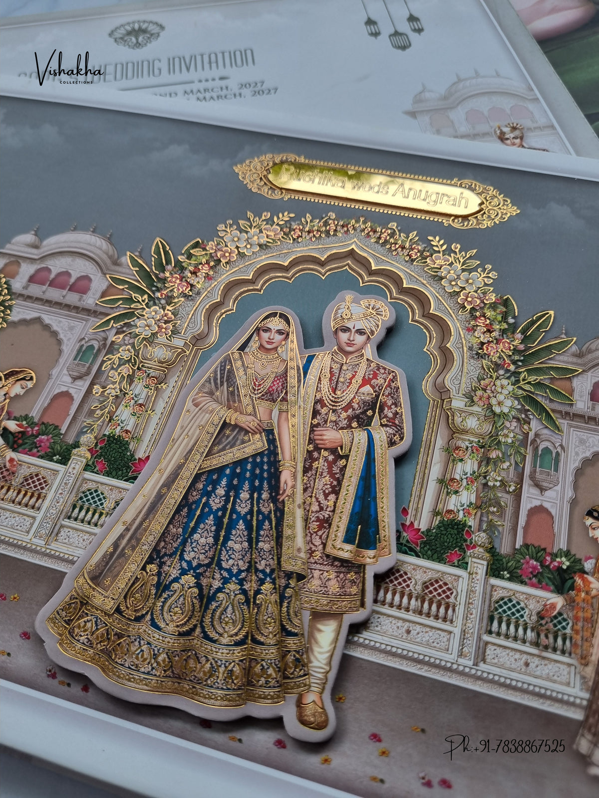 Semi Box Acrylic Dulah Dulhan Raj Mahal Flower Hindu Sikh Jain invitation Cards CR-1938 – image 2