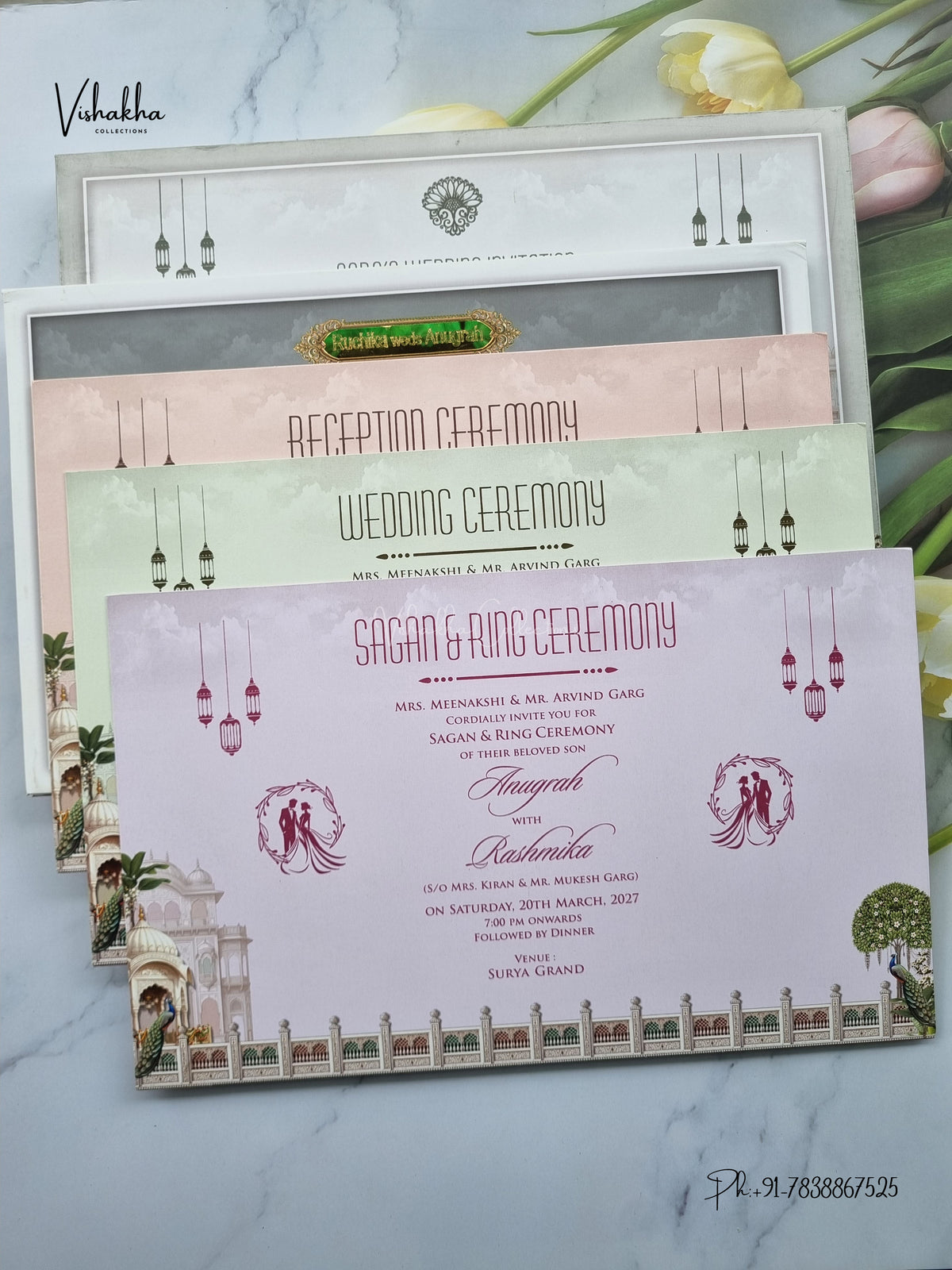 Semi Box Acrylic Dulah Dulhan Raj Mahal Flower Hindu Sikh Jain invitation Cards CR-1938 – image 3