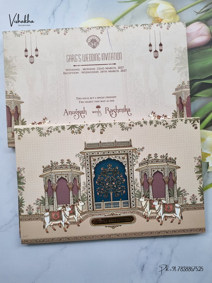 Semi Box Acrylic Kamdhenu Cow Wisdom Tree Jharokha Hindu Muslim Christian Sikh Jain invitation Cards CR-1940 – image 1