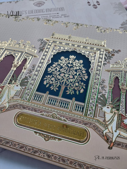 Semi Box Acrylic Kamdhenu Cow Wisdom Tree Jharokha Hindu Muslim Christian Sikh Jain invitation Cards CR-1940 – image 2