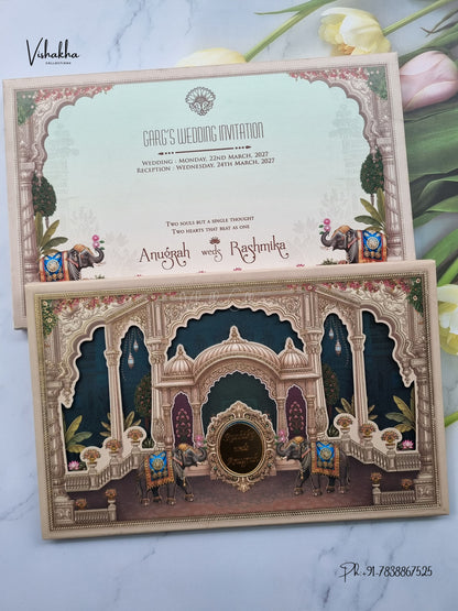Semi Box Acrylic Raj Mahal Jharokha Hathi Hindu Muslim Christian Sikh Jain invitation Cards CR-1946 – image 1