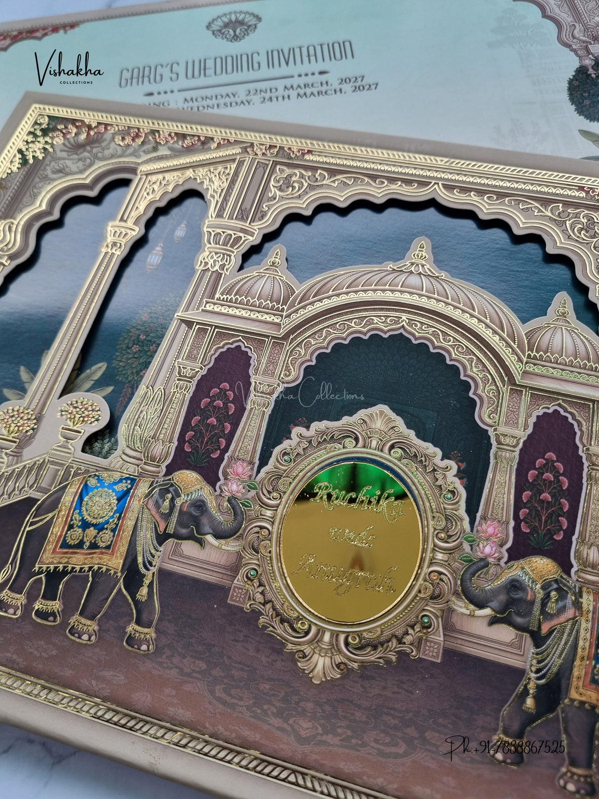 Semi Box Acrylic Raj Mahal Jharokha Hathi Hindu Muslim Christian Sikh Jain invitation Cards CR-1946 – image 2
