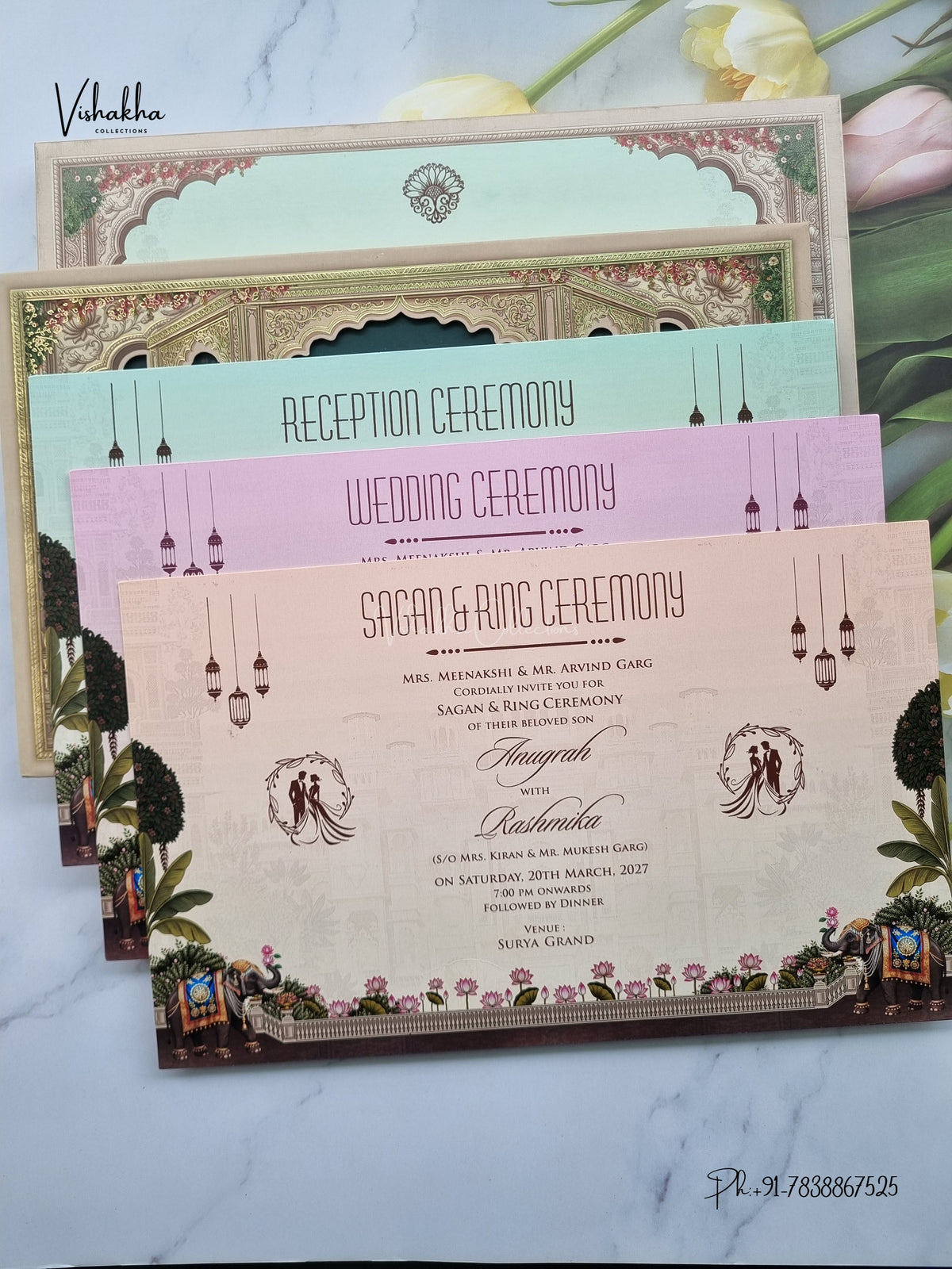 Semi Box Acrylic Raj Mahal Jharokha Hathi Hindu Muslim Christian Sikh Jain invitation Cards CR-1946 – image 3