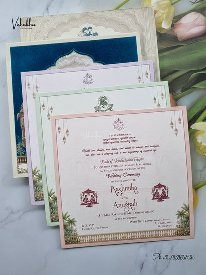 Semi Box Acrylic Direct Card Jharokha Kamdhenu Cow Peacock Hindu Muslim Christian Sikh Jain invitation Cards CR-1953 – image 3
