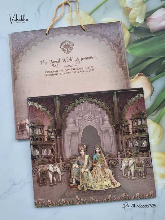Carry Bag Dulah Dulhan Raj Mahal Hathi Hindu Sikh Jain invitation Cards CR-401 – image 1