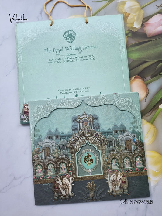 Acrylic Carry Bag Ganesh Ji Raj Mahal Hathi Hindu Jain invitation Cards CR-402 – image 1