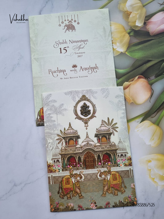 Ganesh Ji Hathi Raj Mahal Hindu Jain invitation Cards CR-407 – image 1